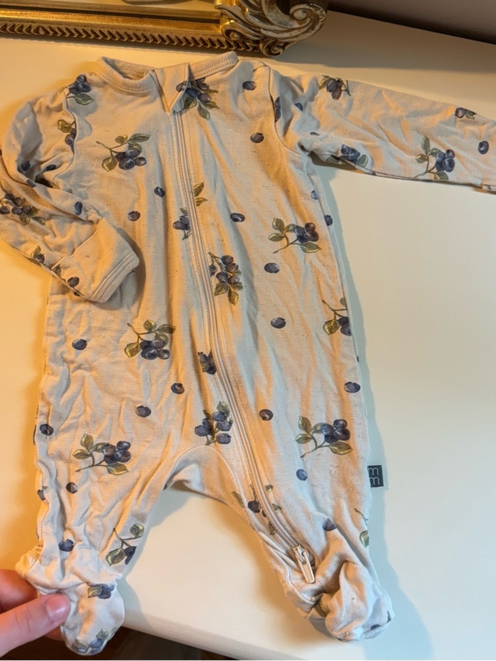 Baby Zip-Front Footed Bodysuit in Cream with Blue Berry Print